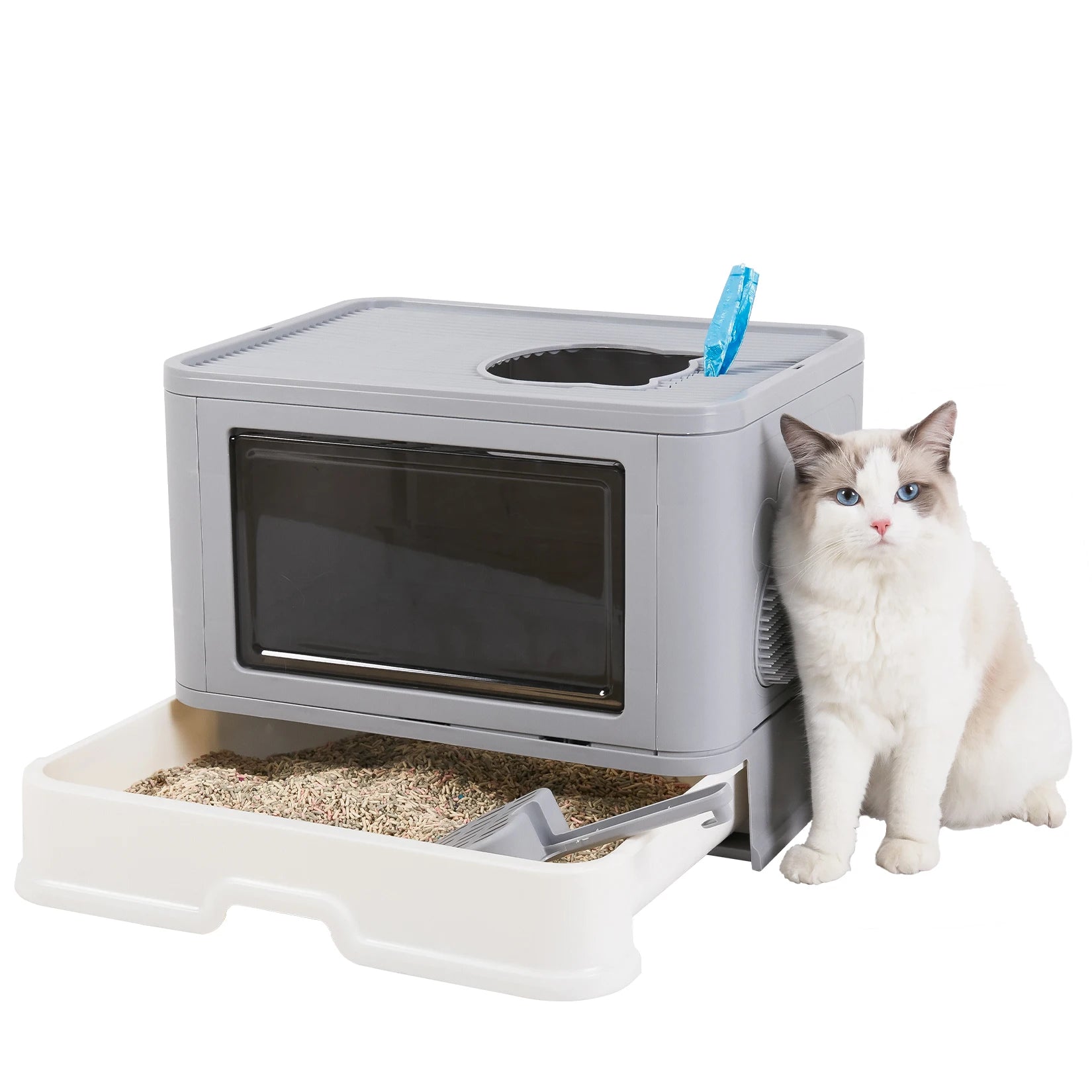 Enclosed Cat Litter Box with Removable Drawer and Dual Entry