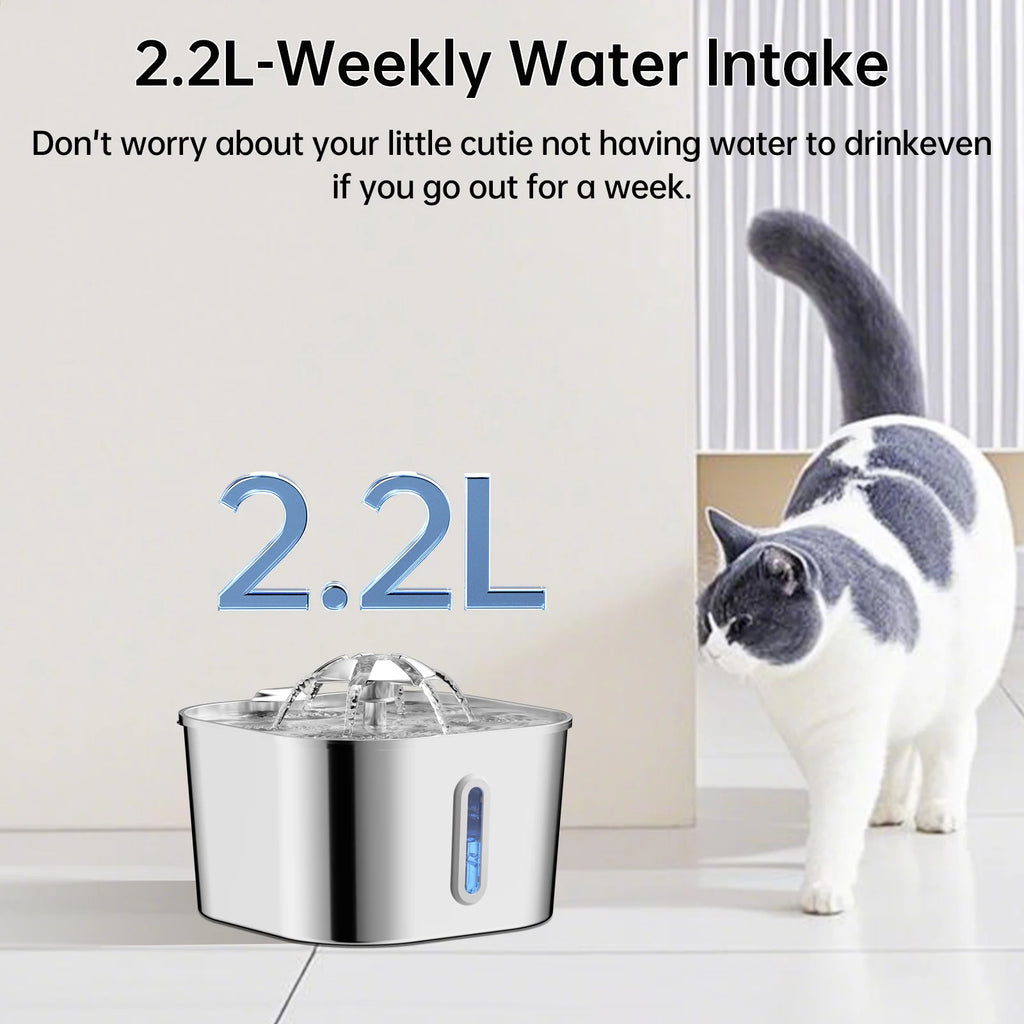 2.2L Stainless Steel Quiet Pet Square Fountain