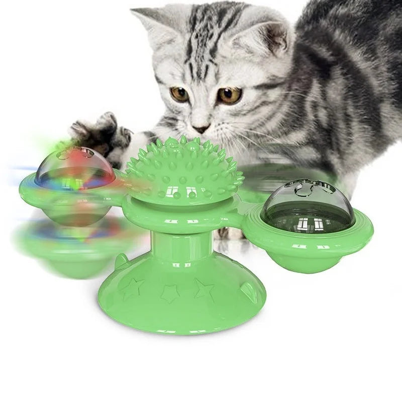 4-in-1 Suction Cup Rotating Cat Toy - Catnip, Light, Massage, and Treat Dispenser