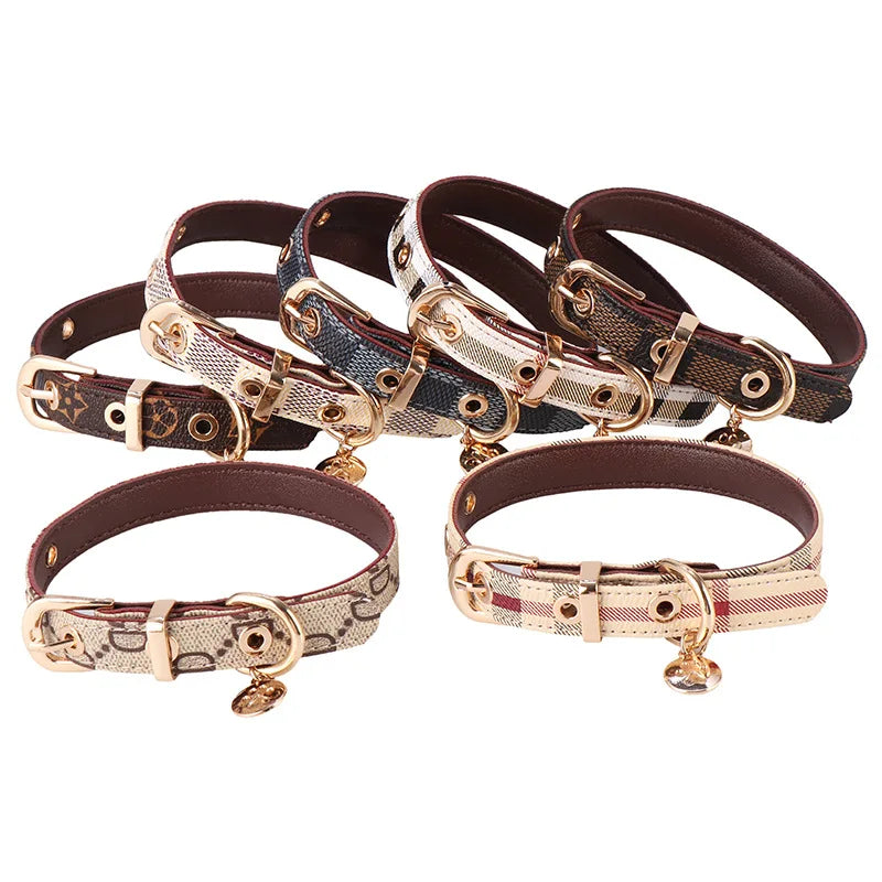 Luxury Checkered Leather Collar and Leash Set