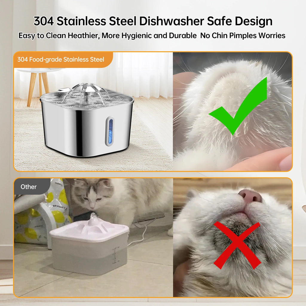 2.2L Stainless Steel Quiet Pet Square Fountain