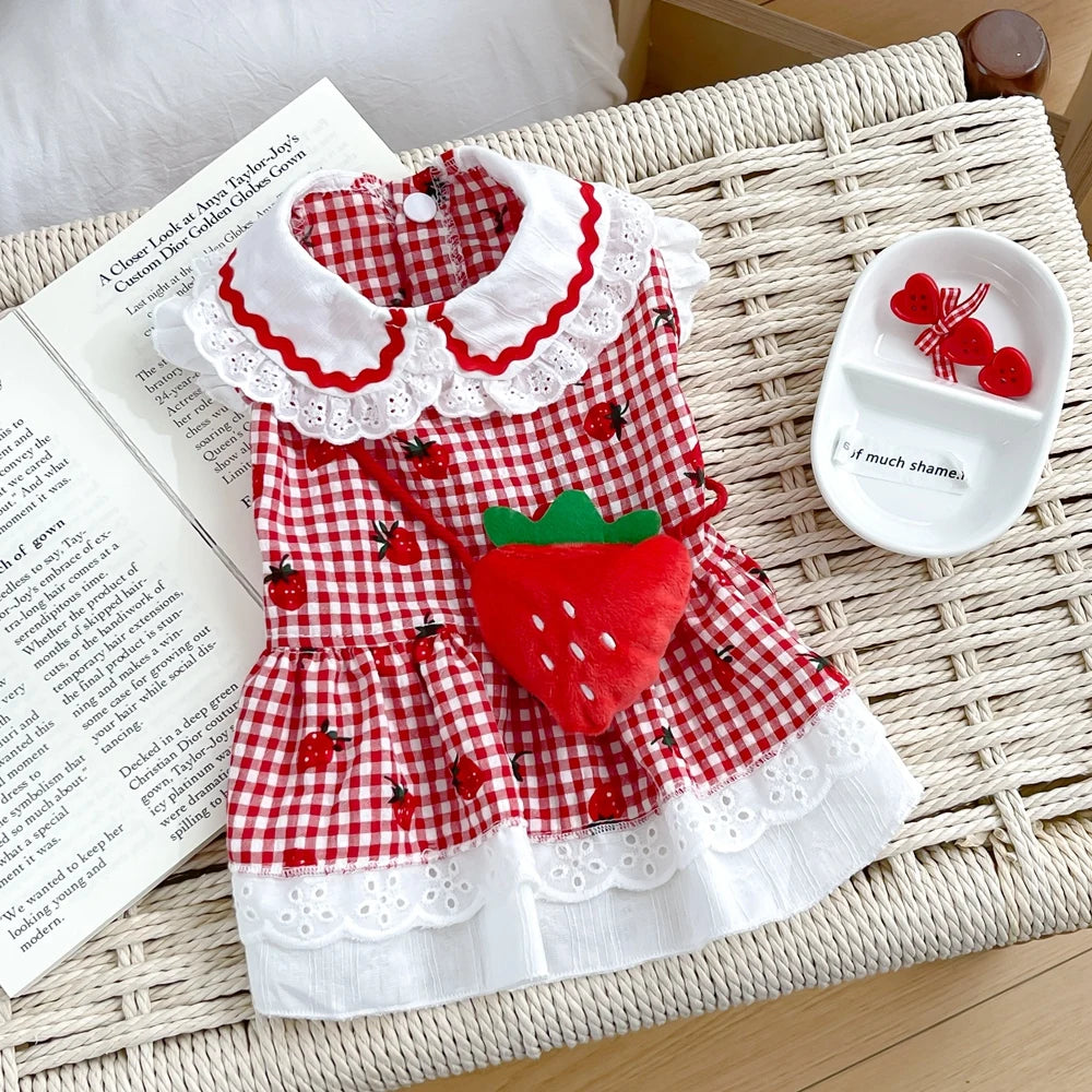 Strawberry Themed Pet Dress (Gingham and Lace) - Includes Accessory Bag