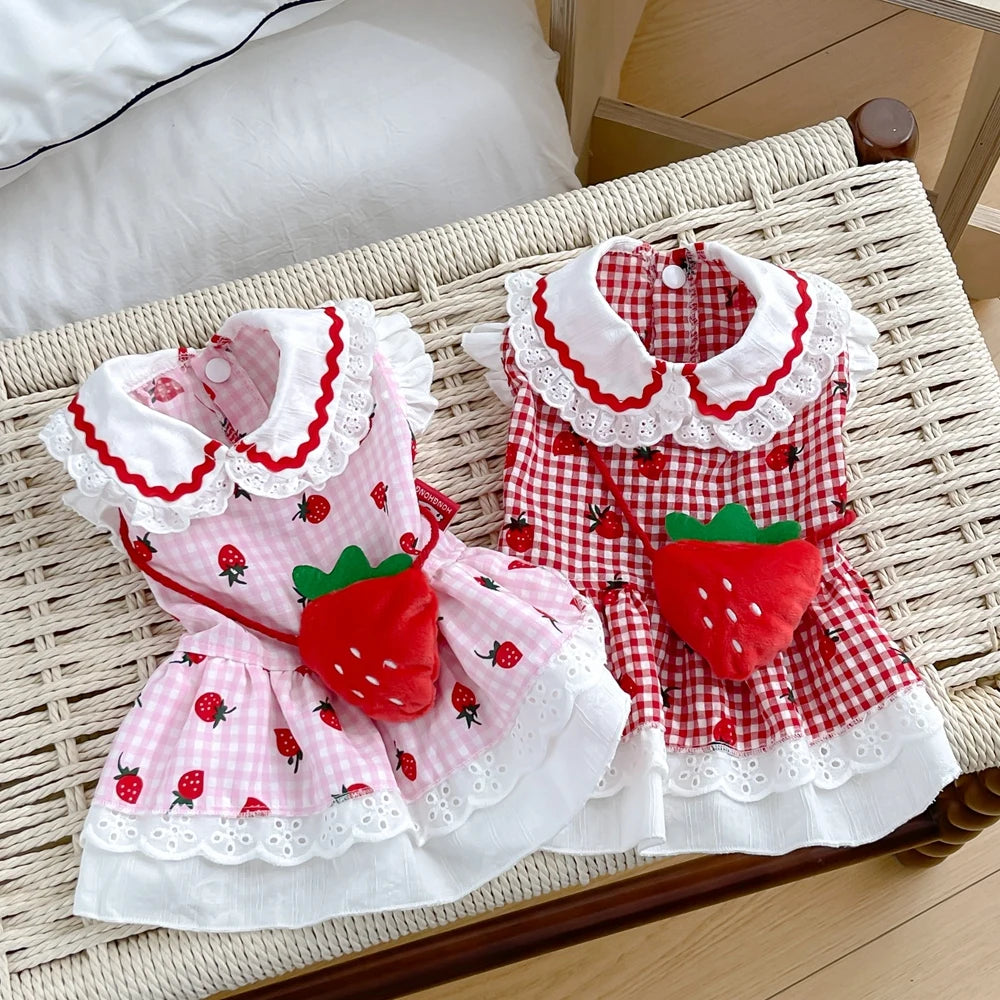 Strawberry Themed Pet Dress (Gingham and Lace) - Includes Accessory Bag