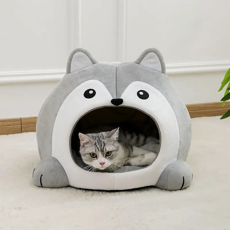 Husky Shaped Plush Cat Cave Bed - Coziness, Security, and Fun Design