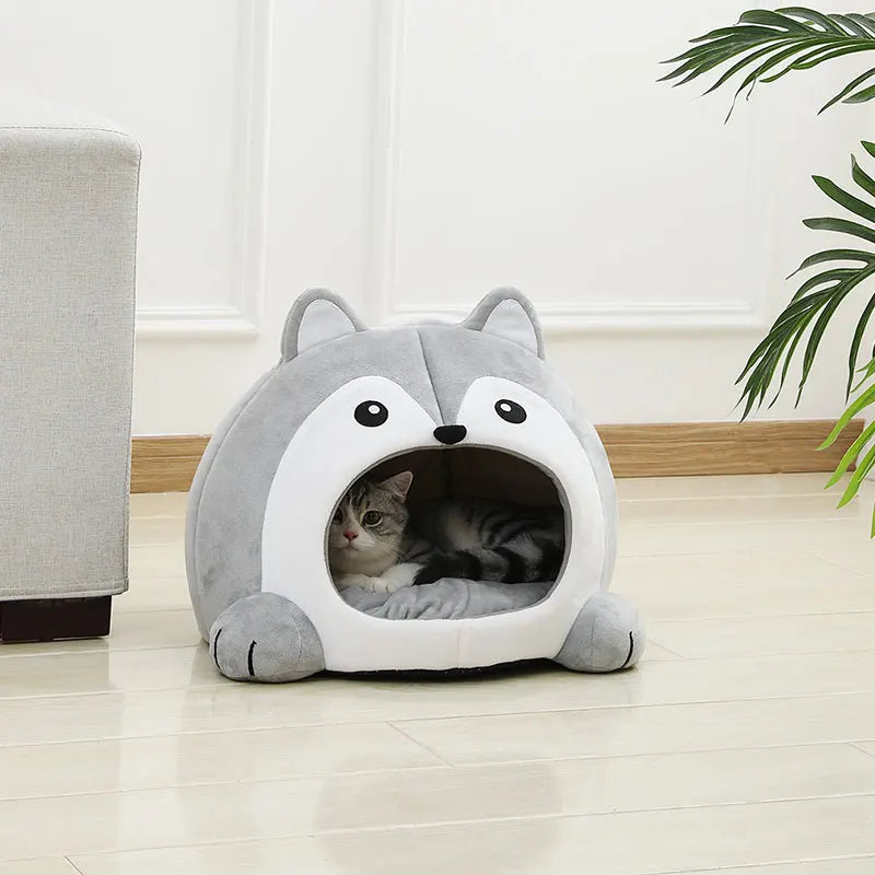 Husky Shaped Plush Cat Cave Bed - Coziness, Security, and Fun Design