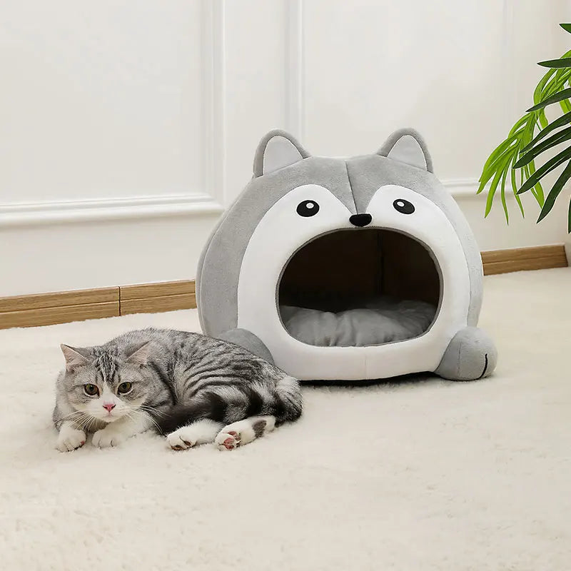 Husky Shaped Plush Cat Cave Bed - Coziness, Security, and Fun Design