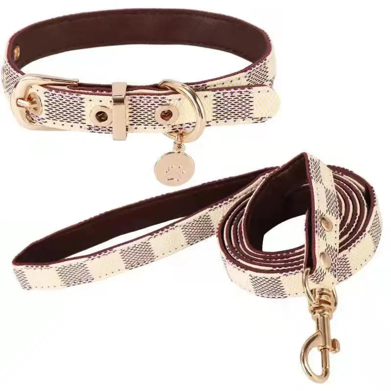 Luxury Checkered Leather Collar and Leash Set