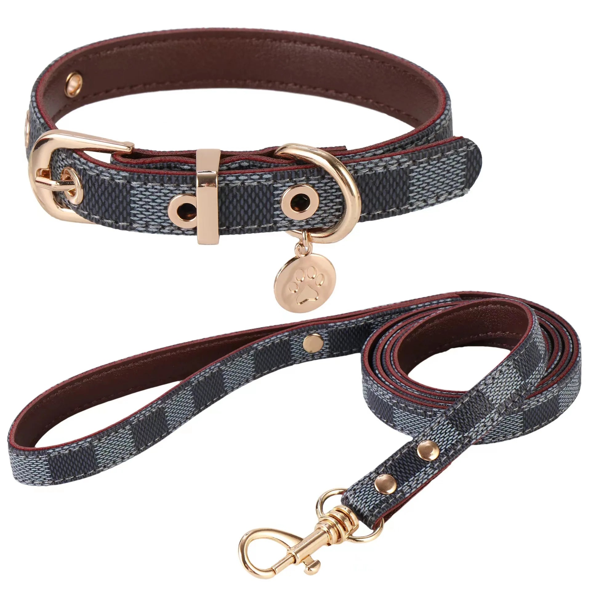 Luxury Checkered Leather Collar and Leash Set