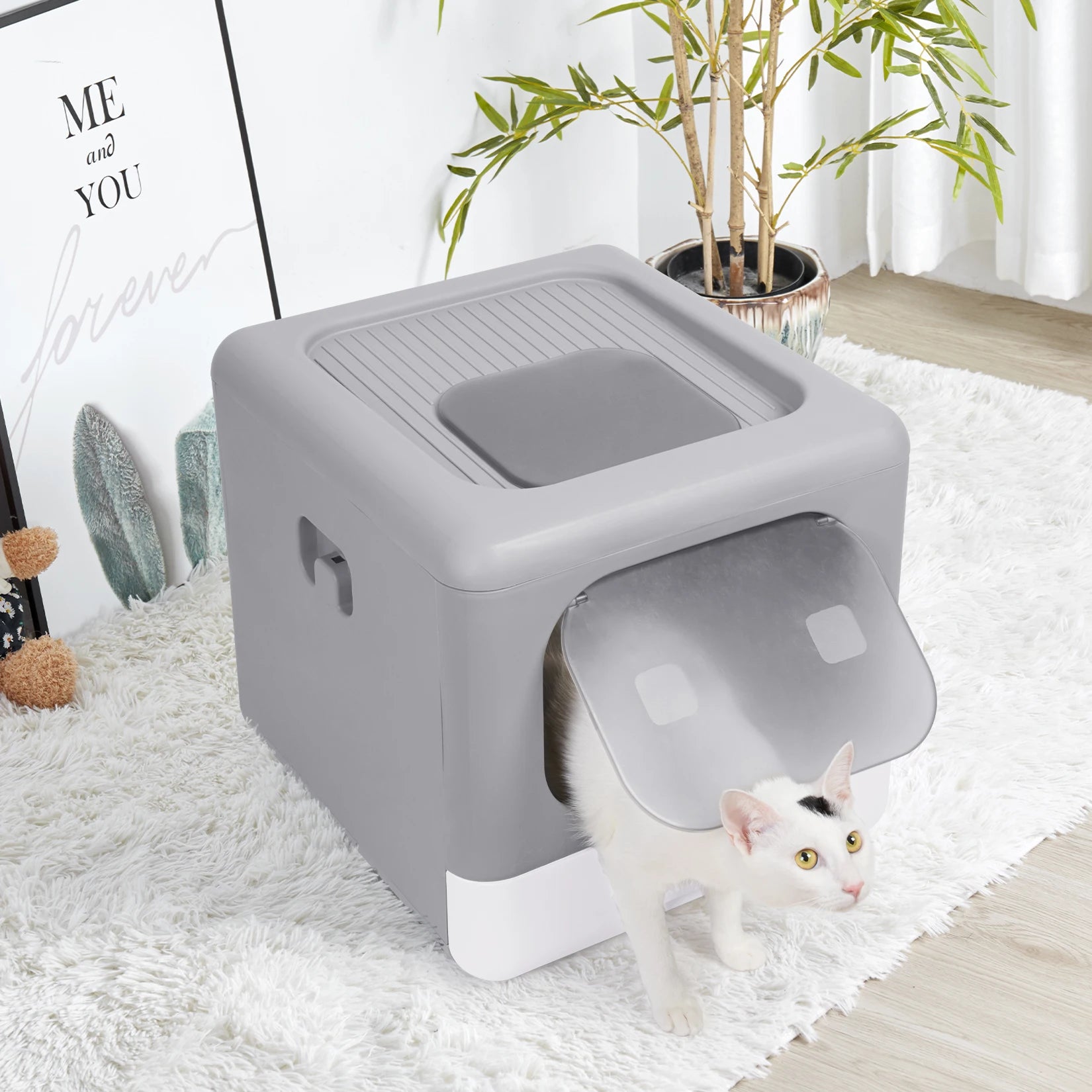 Enclosed Cat Litter Box with Removable Drawer and Dual Entry (Top & Front)