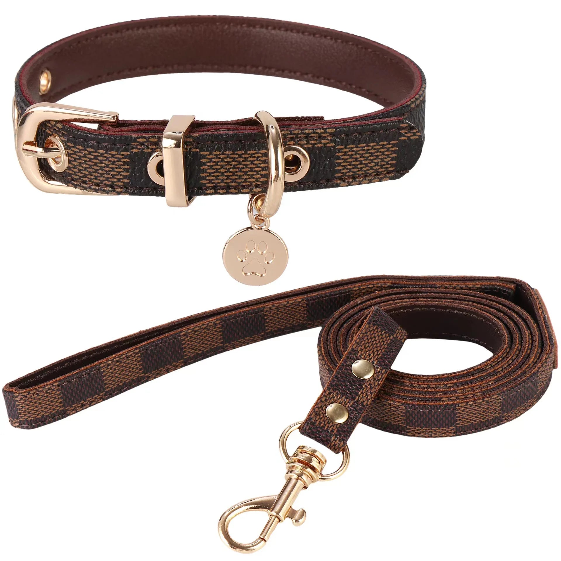 Luxury Checkered Leather Collar and Leash Set