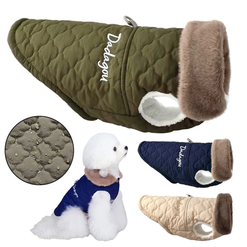 Waterproof Quilted Pet Coat with Fur Collar - Complete Thermal Protection