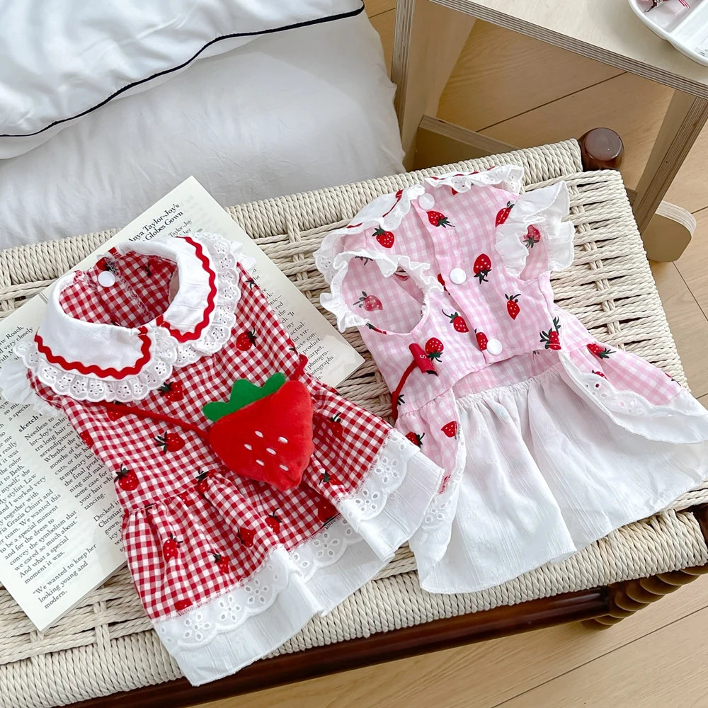 Strawberry Themed Pet Dress (Gingham and Lace) - Includes Accessory Bag