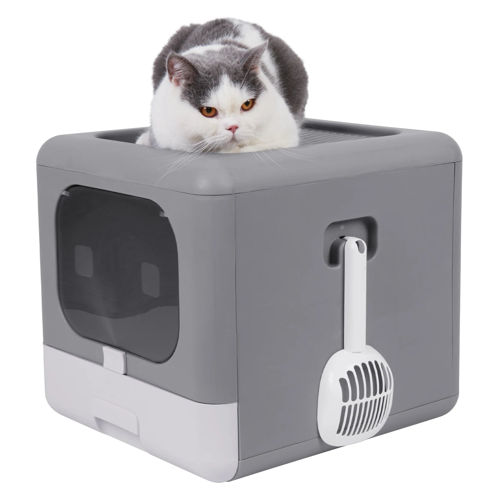 Enclosed Cat Litter Box with Removable Drawer and Dual Entry (Top & Front)