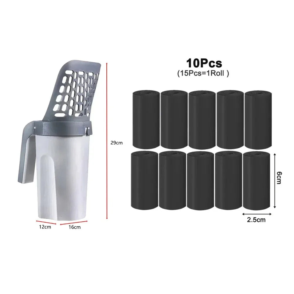 Integrated Cat Litter Scoop with Trash Bag Holder for Hygienic Cleanup