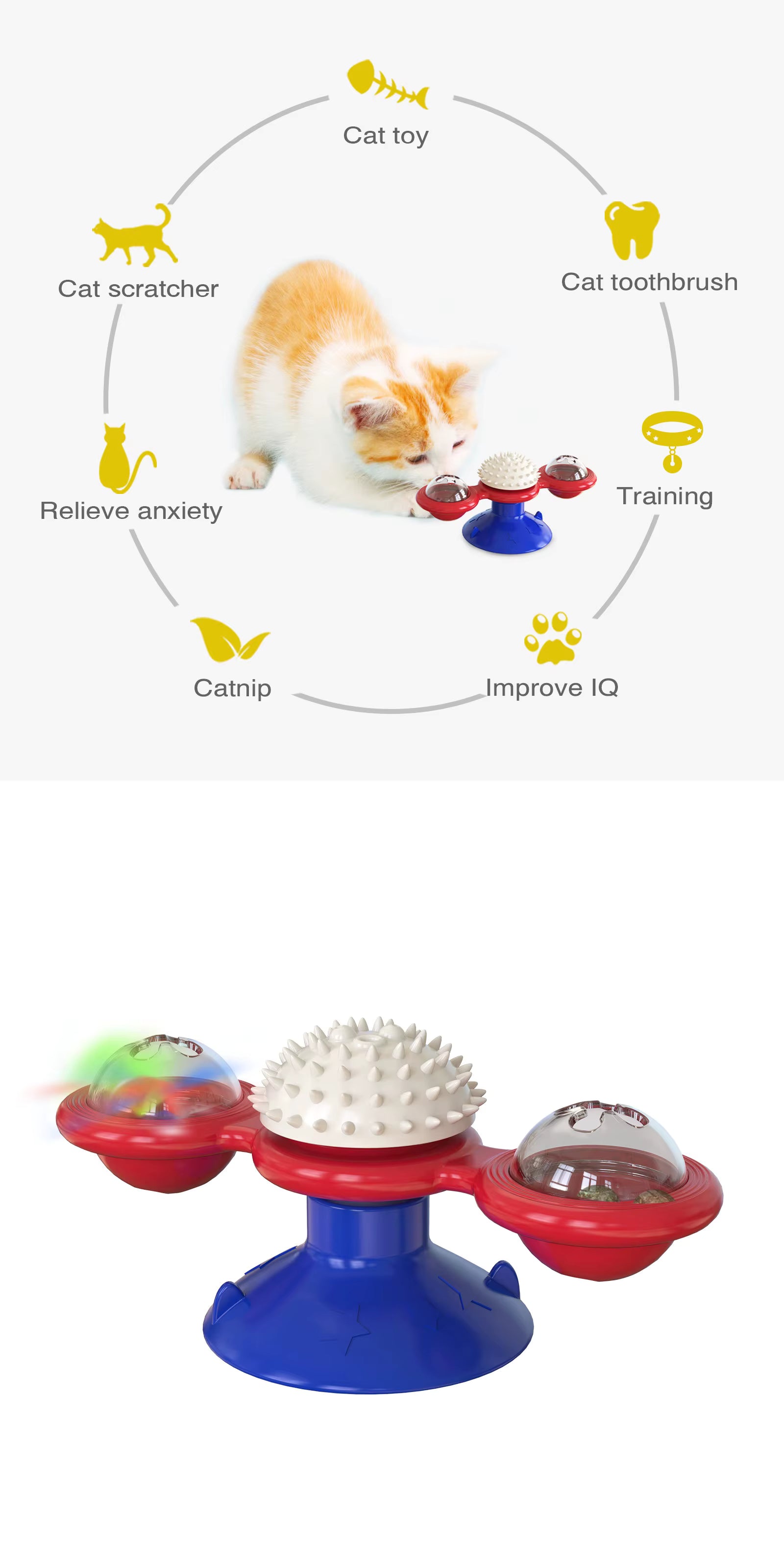 4-in-1 Suction Cup Rotating Cat Toy - Catnip, Light, Massage, and Treat Dispenser