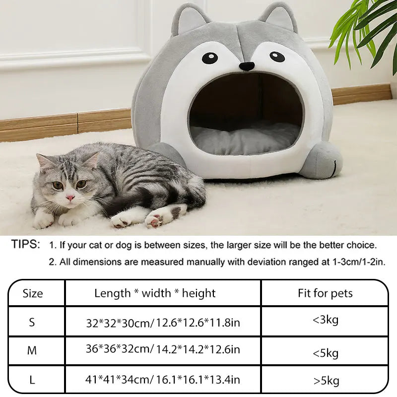 Husky Shaped Plush Cat Cave Bed - Coziness, Security, and Fun Design