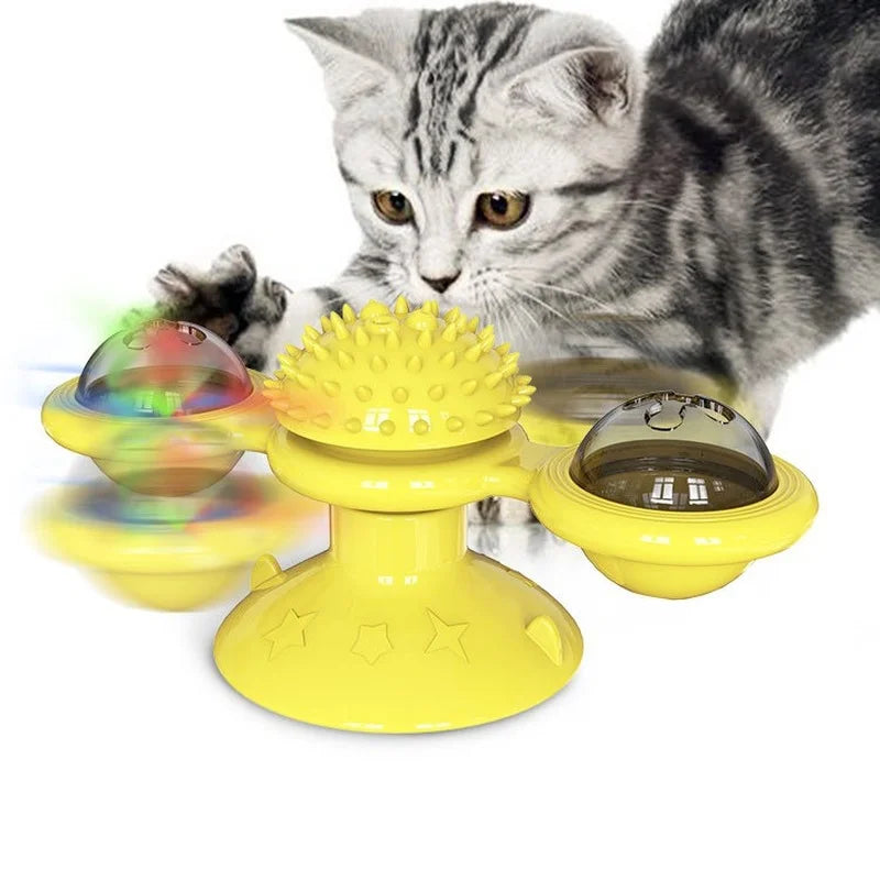 4-in-1 Suction Cup Rotating Cat Toy - Catnip, Light, Massage, and Treat Dispenser