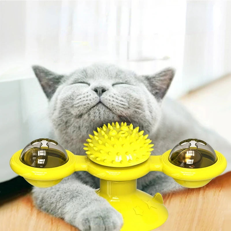 4-in-1 Suction Cup Rotating Cat Toy - Catnip, Light, Massage, and Treat Dispenser