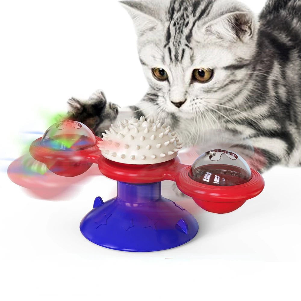 4-in-1 Suction Cup Rotating Cat Toy - Catnip, Light, Massage, and Treat Dispenser