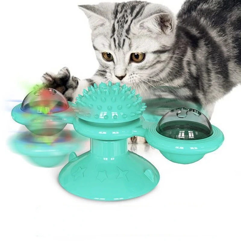 4-in-1 Suction Cup Rotating Cat Toy - Catnip, Light, Massage, and Treat Dispenser