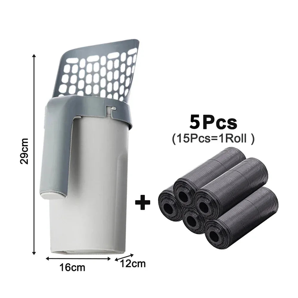 Integrated Cat Litter Scoop with Trash Bag Holder for Hygienic Cleanup