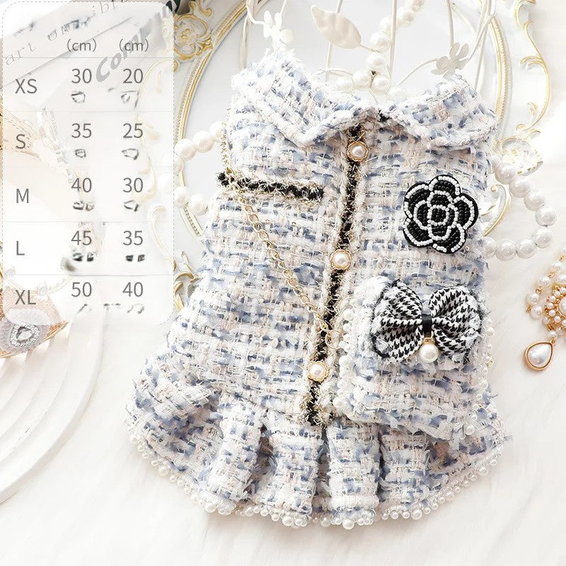 Tweed Pet Party Dress - Luxury, Pearls, and Ruffles