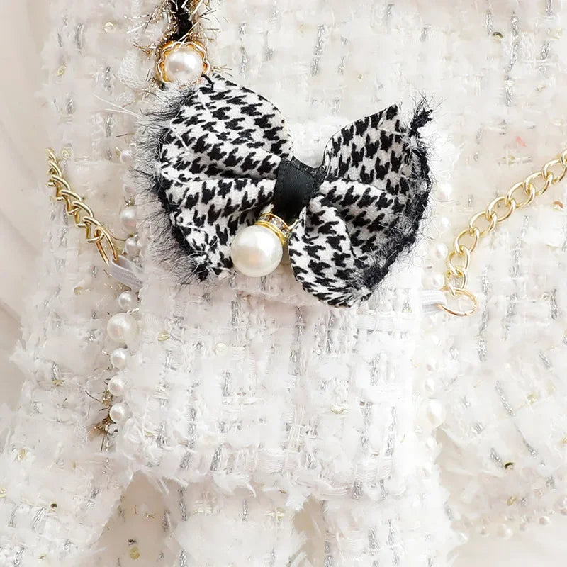 Tweed Pet Party Dress - Luxury, Pearls, and Ruffles