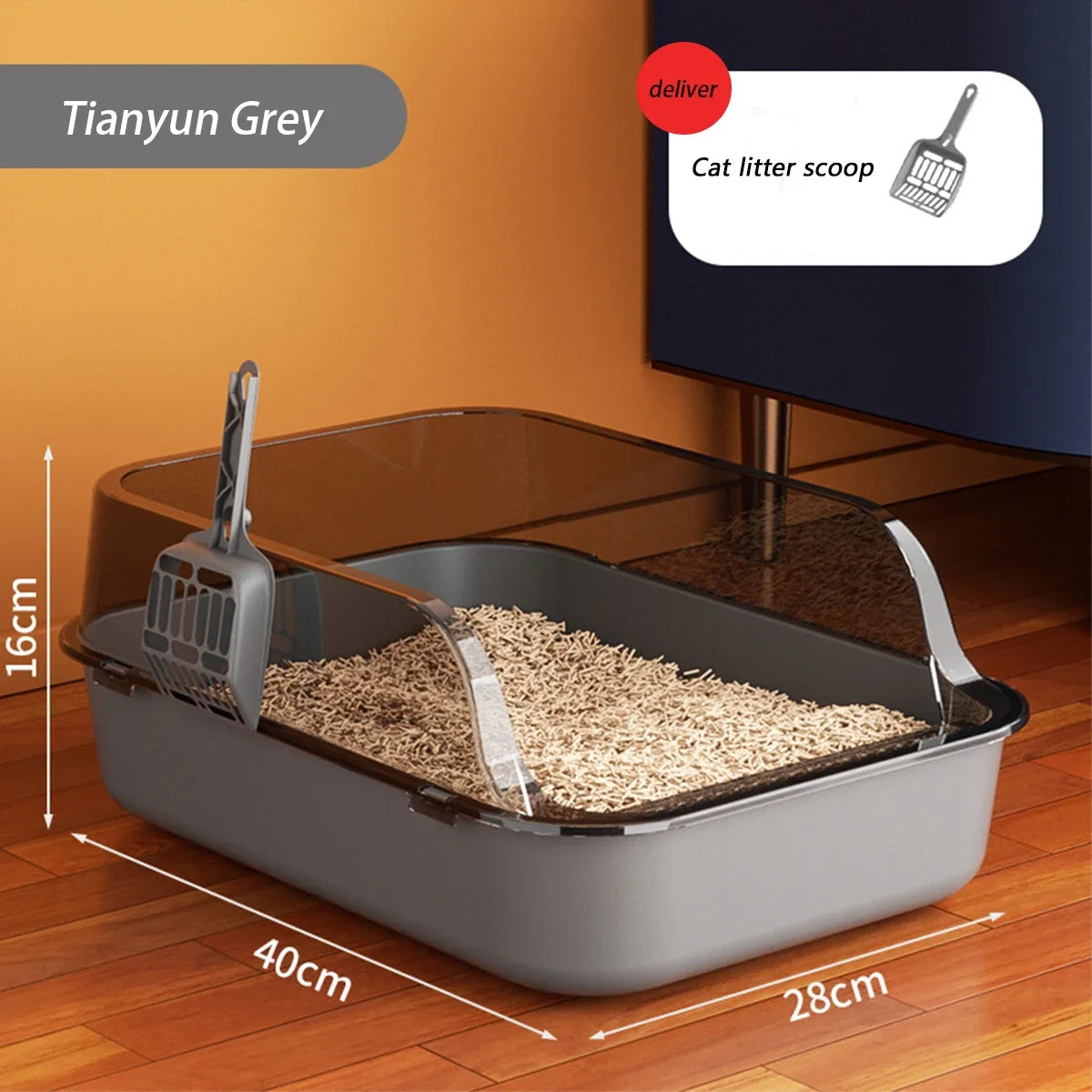 High-Sided Litter Box with Scoop for Mess Containment