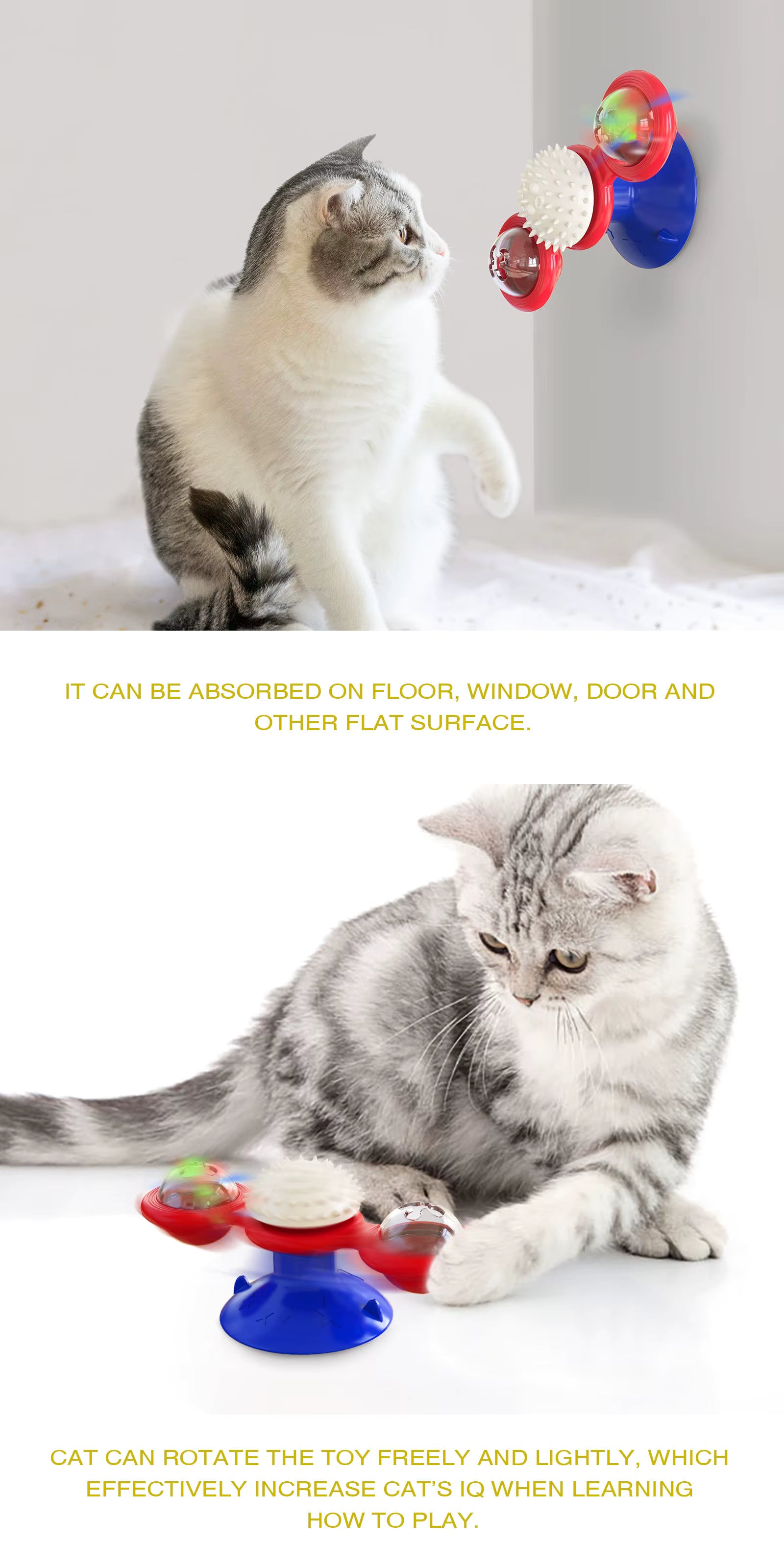 4-in-1 Suction Cup Rotating Cat Toy - Catnip, Light, Massage, and Treat Dispenser