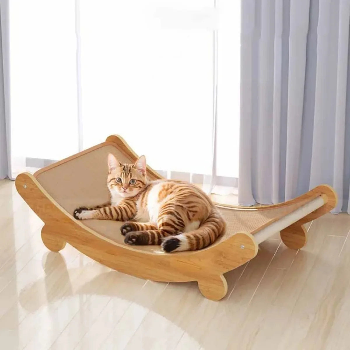2-in-1 Curved Wooden Cat Scratcher and Lounger Bed