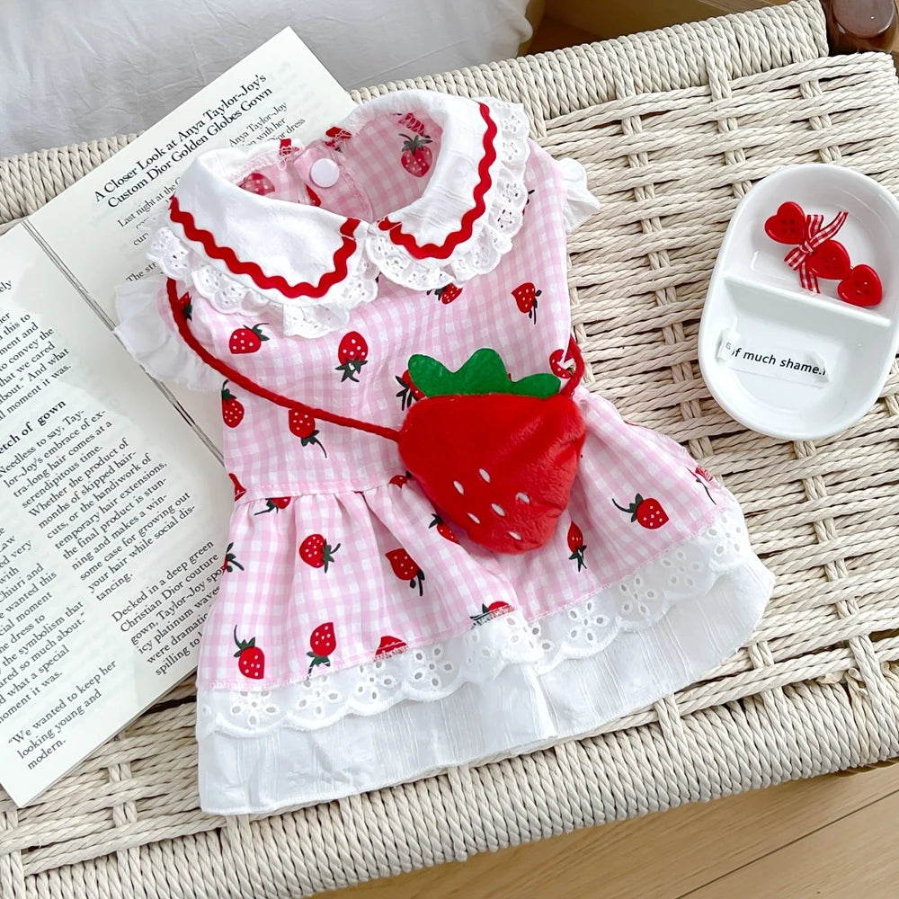 Strawberry Themed Pet Dress (Gingham and Lace) - Includes Accessory Bag