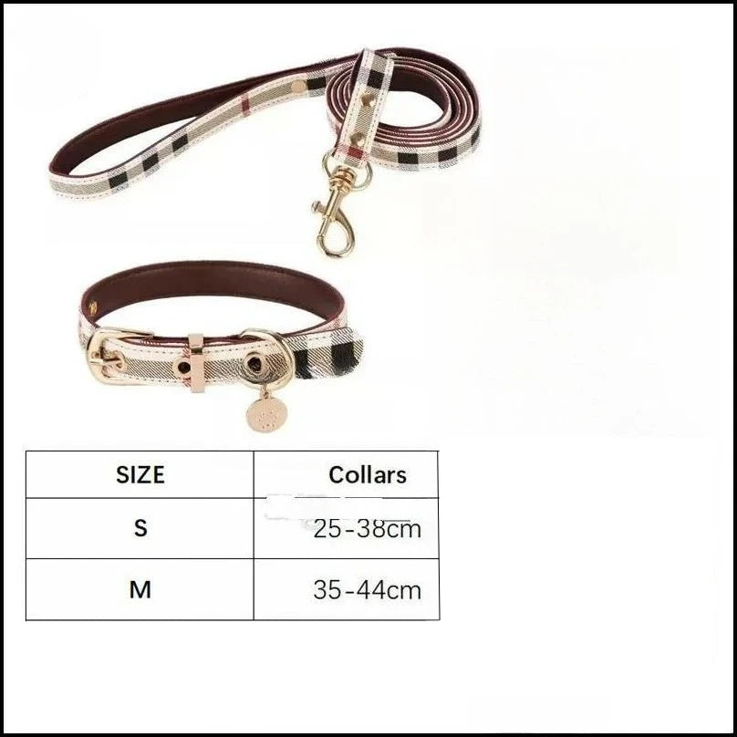 Luxury Checkered Leather Collar and Leash Set