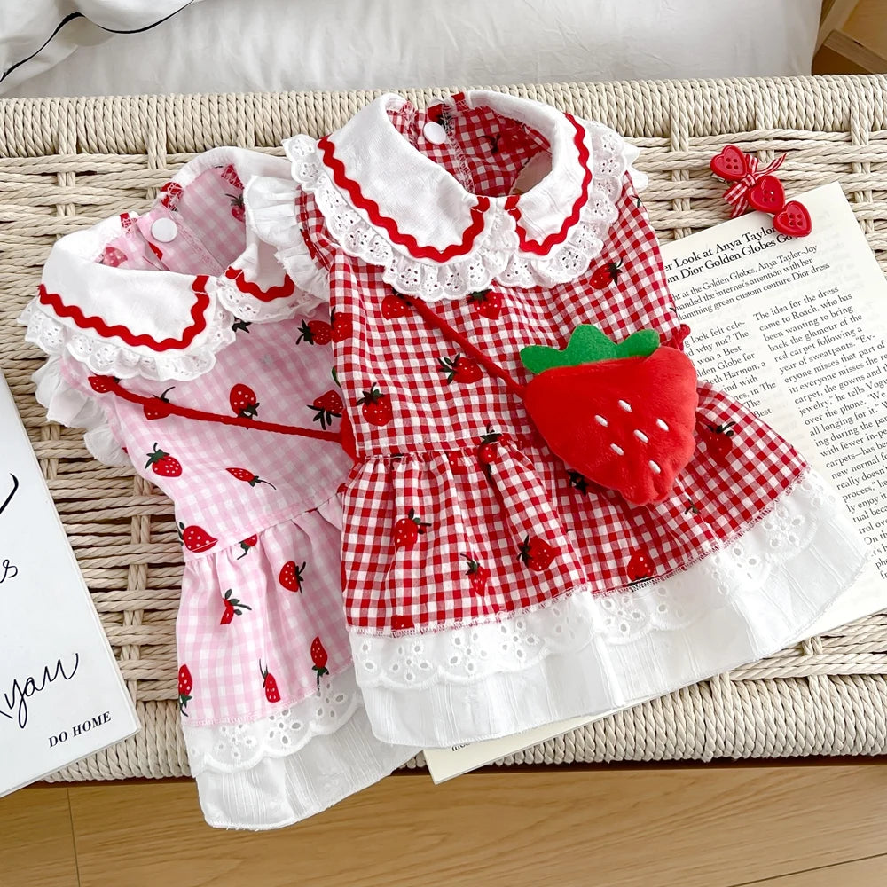 Strawberry Themed Pet Dress (Gingham and Lace) - Includes Accessory Bag