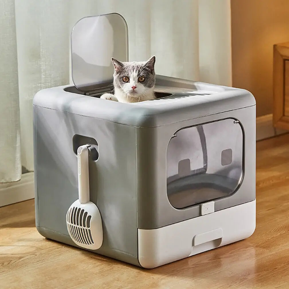 Enclosed Cat Litter Box with Removable Drawer and Dual Entry (Top & Front)