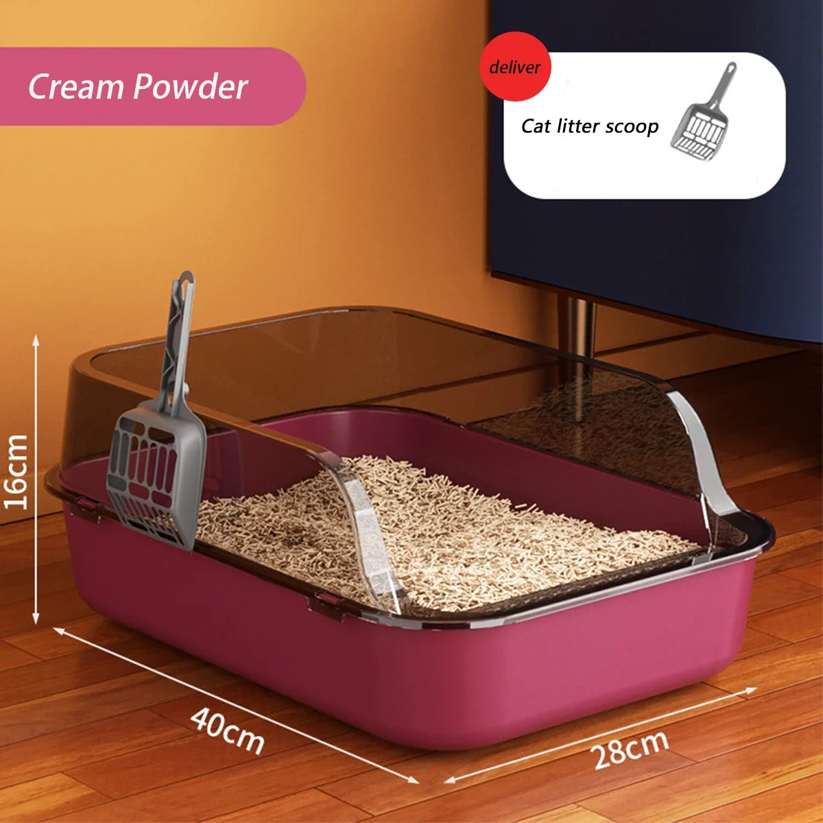 High-Sided Litter Box with Scoop for Mess Containment