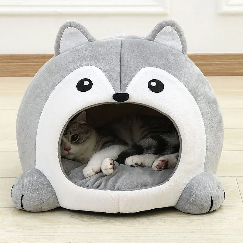 Husky Shaped Plush Cat Cave Bed - Coziness, Security, and Fun Design